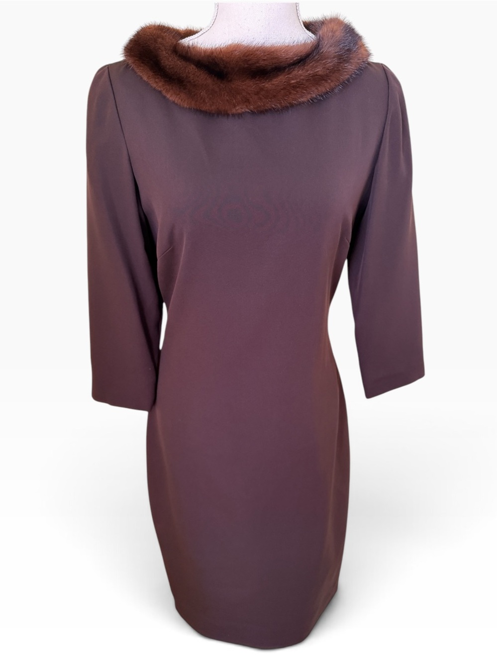 Chetta B Brown Silk 3/4 Sleeve Sheath Dress with Mink Collar 4